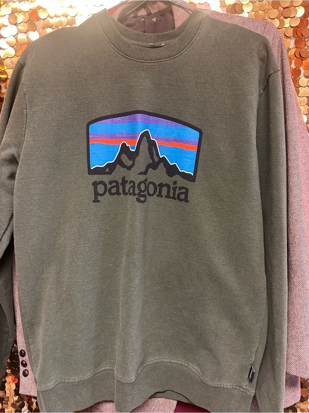 Patagonia Olive Green Logo Crew Sweatshirt with Multicolor Mountain Patch